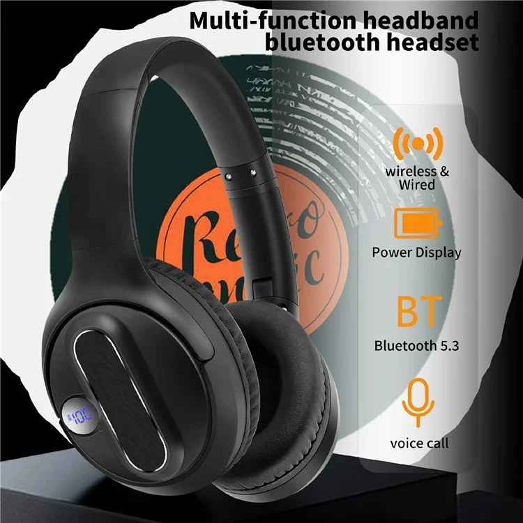 AKZ-13B Over-Ear Headphones HiFi Stereo Bluetooth-compatible 5.3 Foldable Headset with Battery Display - Black