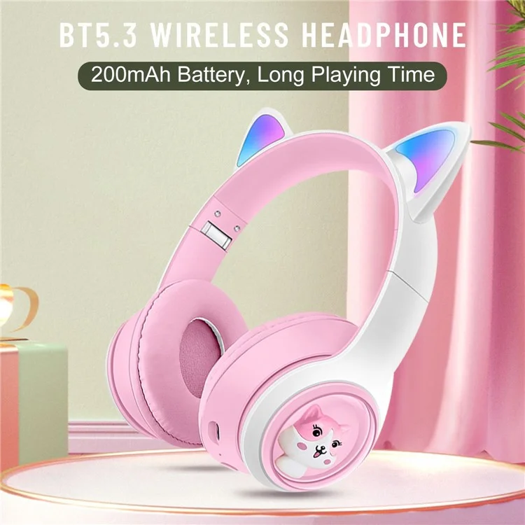 Cuffie wireless con orecchie da gatto a LED AKZ-07, audio stereo, per PC gaming - Rosa