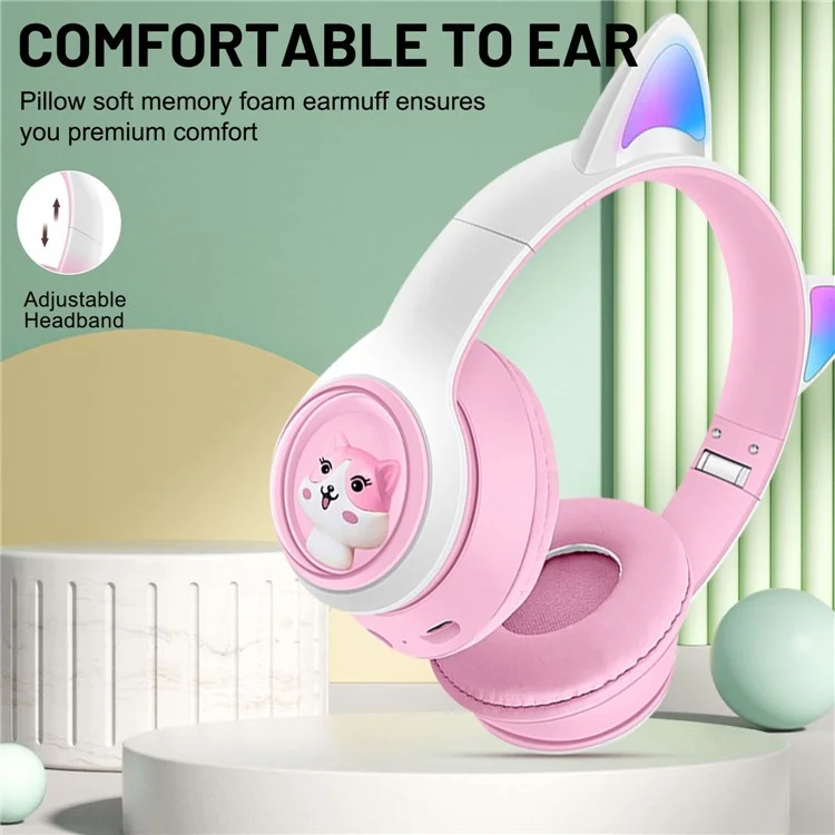 Cuffie wireless con orecchie da gatto a LED AKZ-07, audio stereo, per PC gaming - Rosa