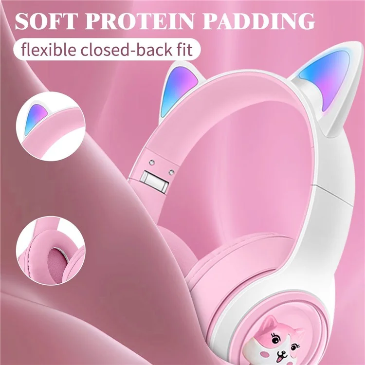 Cuffie wireless con orecchie da gatto a LED AKZ-07, audio stereo, per PC gaming - Rosa