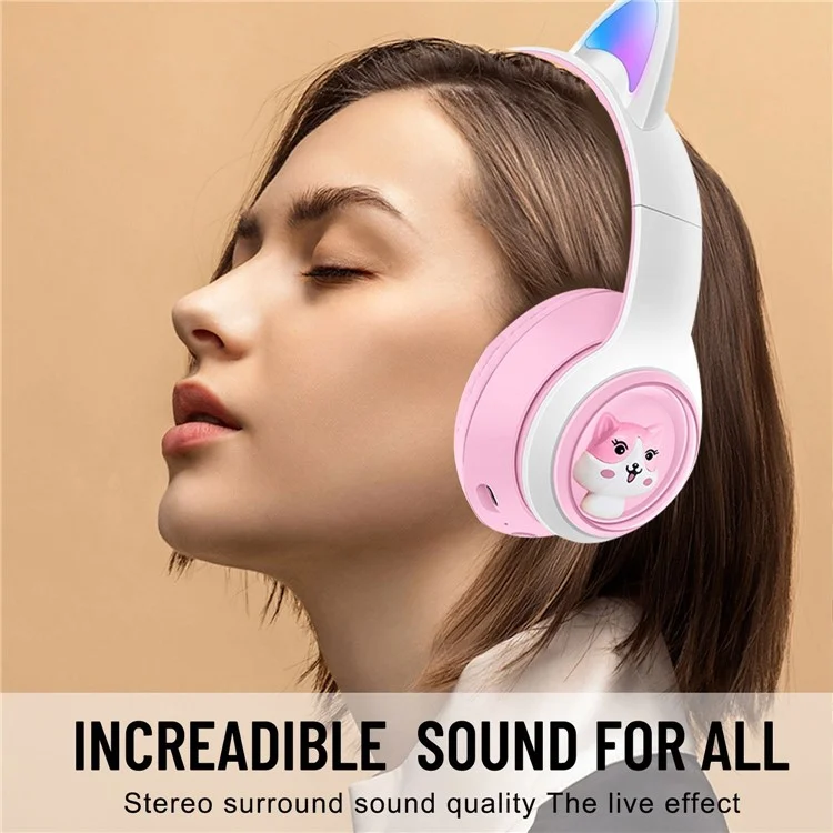 Cuffie wireless con orecchie da gatto a LED AKZ-07, audio stereo, per PC gaming - Rosa