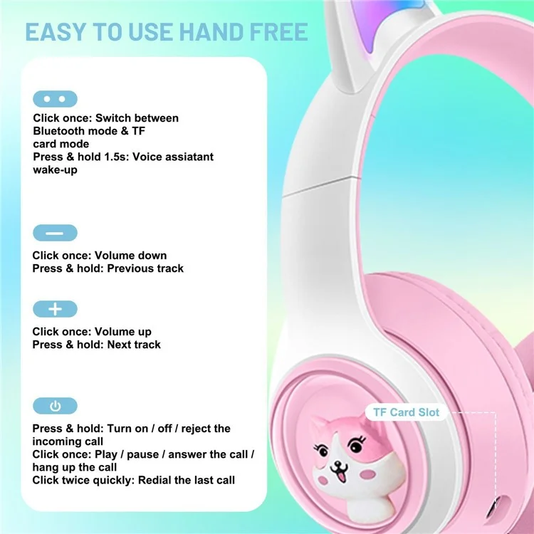 Cuffie wireless con orecchie da gatto a LED AKZ-07, audio stereo, per PC gaming - Rosa