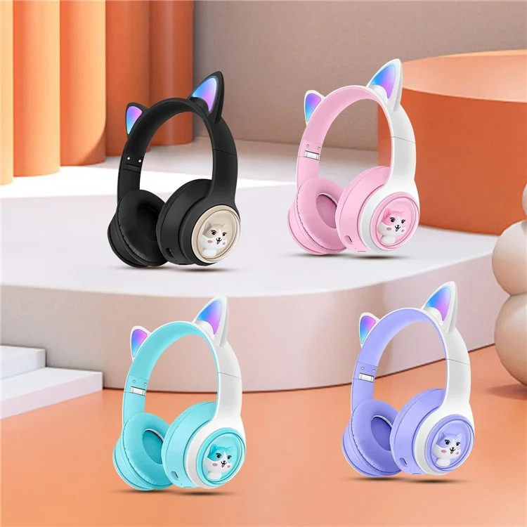 Cuffie wireless con orecchie da gatto a LED AKZ-07, audio stereo, per PC gaming - Rosa