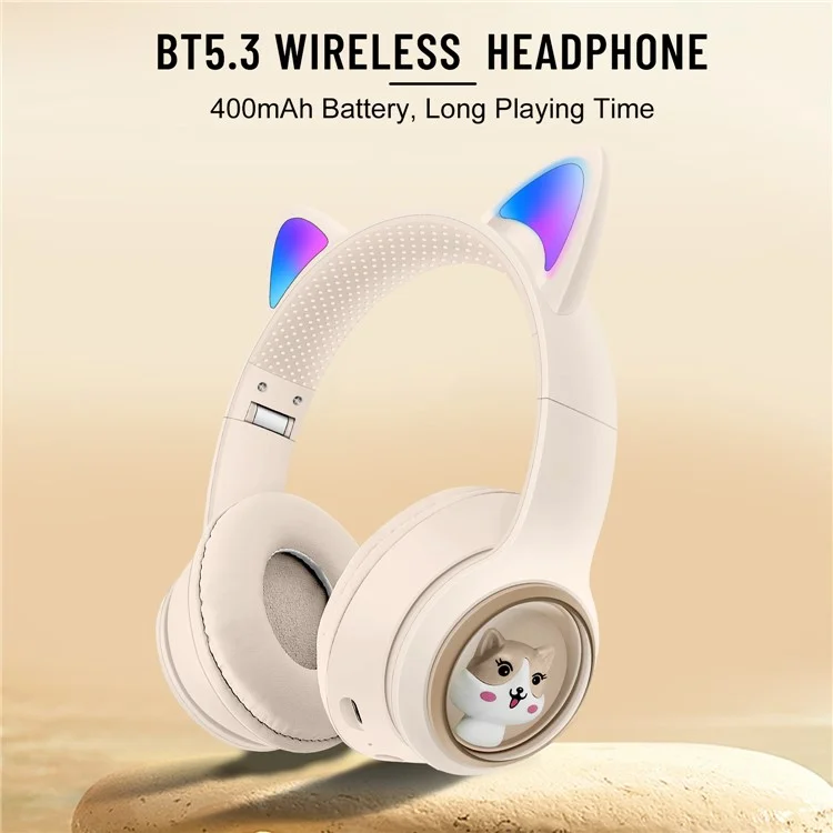 AKZ-01 Niedliche Katzenohren-Kinder-Bluetooth-Kopfhörer Stereo-Musik-Kopfhörer mit farbigem Licht - Khaki