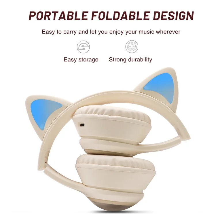 AKZ-01 Niedliche Katzenohren-Kinder-Bluetooth-Kopfhörer Stereo-Musik-Kopfhörer mit farbigem Licht - Khaki