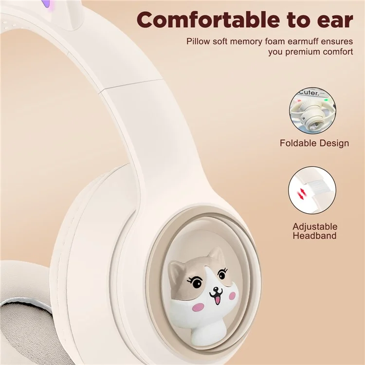 AKZ-01 Niedliche Katzenohren-Kinder-Bluetooth-Kopfhörer Stereo-Musik-Kopfhörer mit farbigem Licht - Khaki