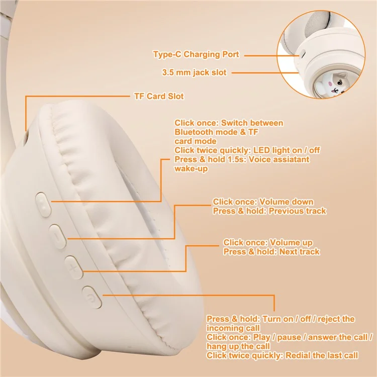 AKZ-01 Niedliche Katzenohren-Kinder-Bluetooth-Kopfhörer Stereo-Musik-Kopfhörer mit farbigem Licht - Khaki