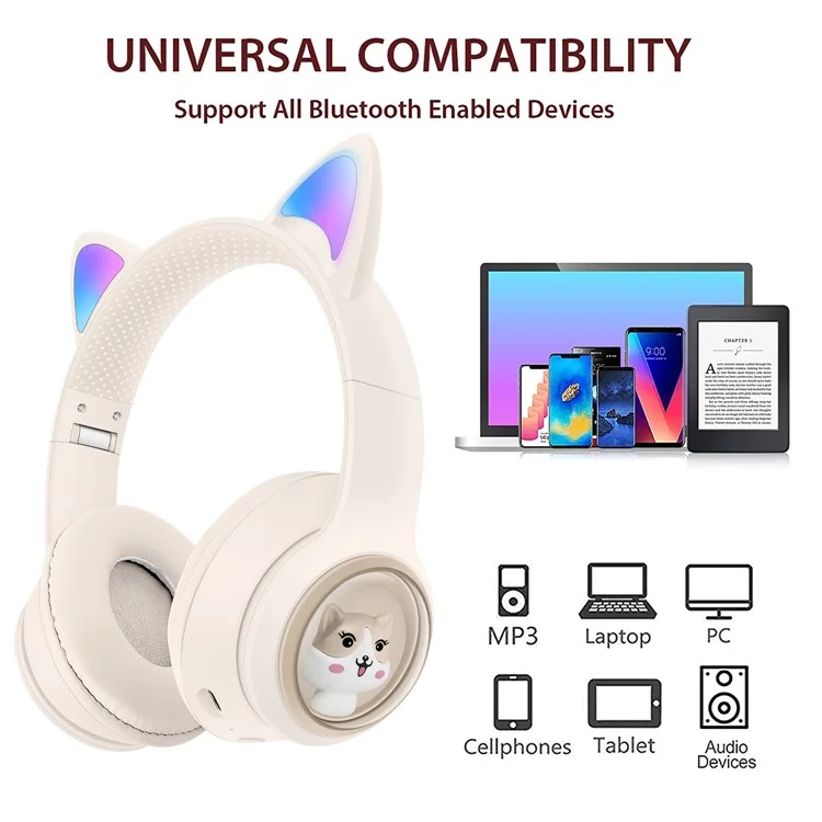 AKZ-01 Niedliche Katzenohren-Kinder-Bluetooth-Kopfhörer Stereo-Musik-Kopfhörer mit farbigem Licht - Khaki