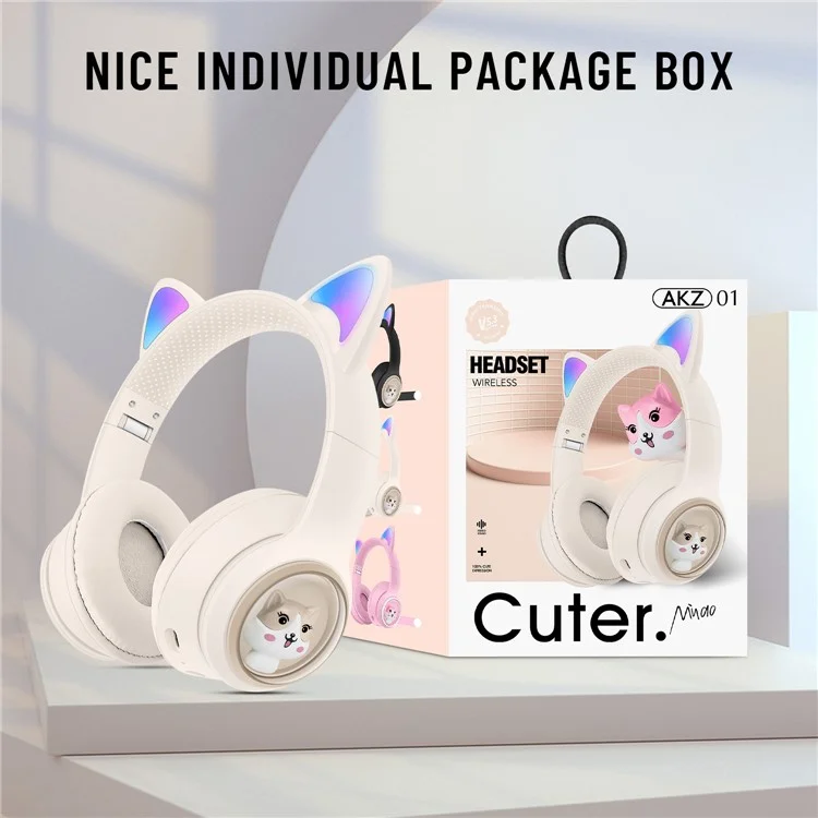 AKZ-01 Niedliche Katzenohren-Kinder-Bluetooth-Kopfhörer Stereo-Musik-Kopfhörer mit farbigem Licht - Khaki