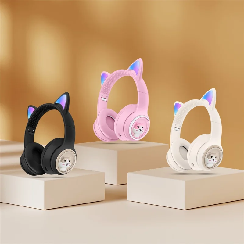 AKZ-01 Cute Cat Ear Kids Bluetooth-compatible Headphone Stereo Music Head-mounted Headset with Colorful Light - Pink