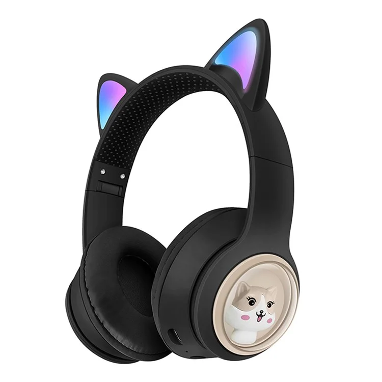 AKZ-01 Cute Cat Ear Kids Bluetooth-compatible Headphone Stereo Music Head-mounted Headset with Colorful Light - Black