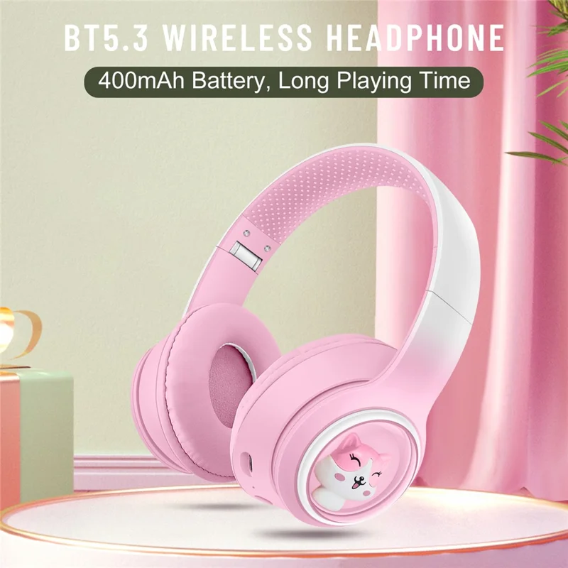 AKZ-08 Cute Cartoon Wireless Bluetooth-compatible Headphone Stereo Music Head-Mounted Headset - Pink