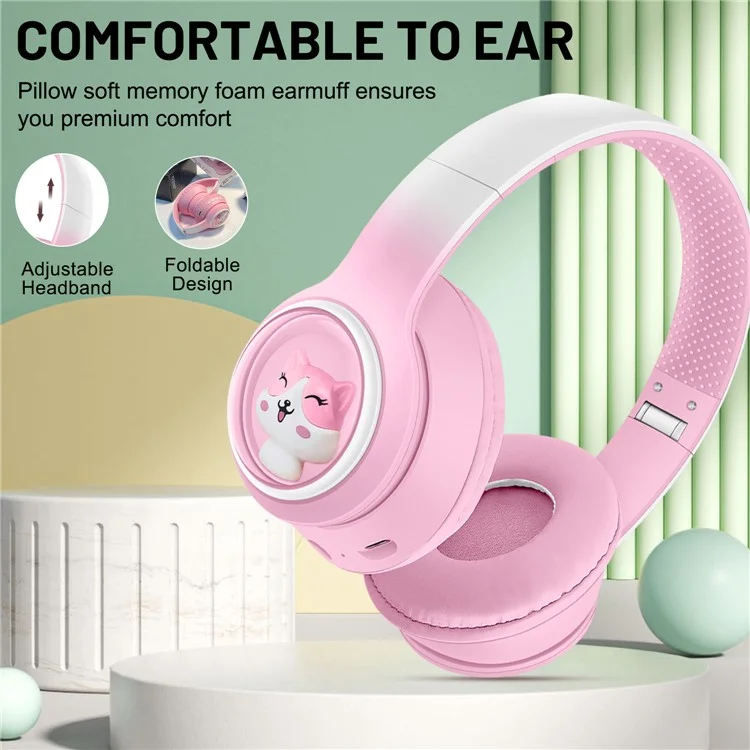 AKZ-08 Cute Cartoon Wireless Bluetooth-compatible Headphone Stereo Music Head-Mounted Headset - Pink