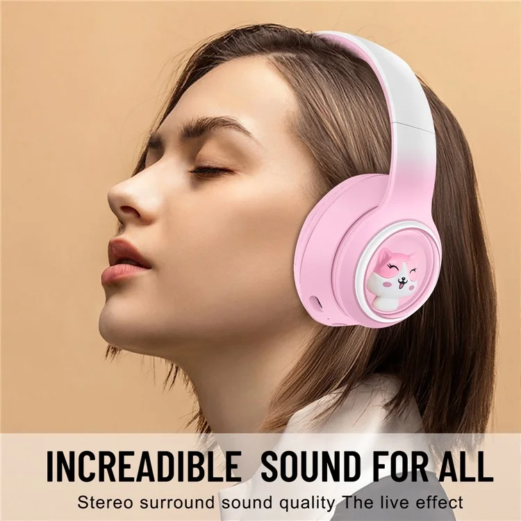 AKZ-08 Cute Cartoon Wireless Bluetooth-compatible Headphone Stereo Music Head-Mounted Headset - Pink