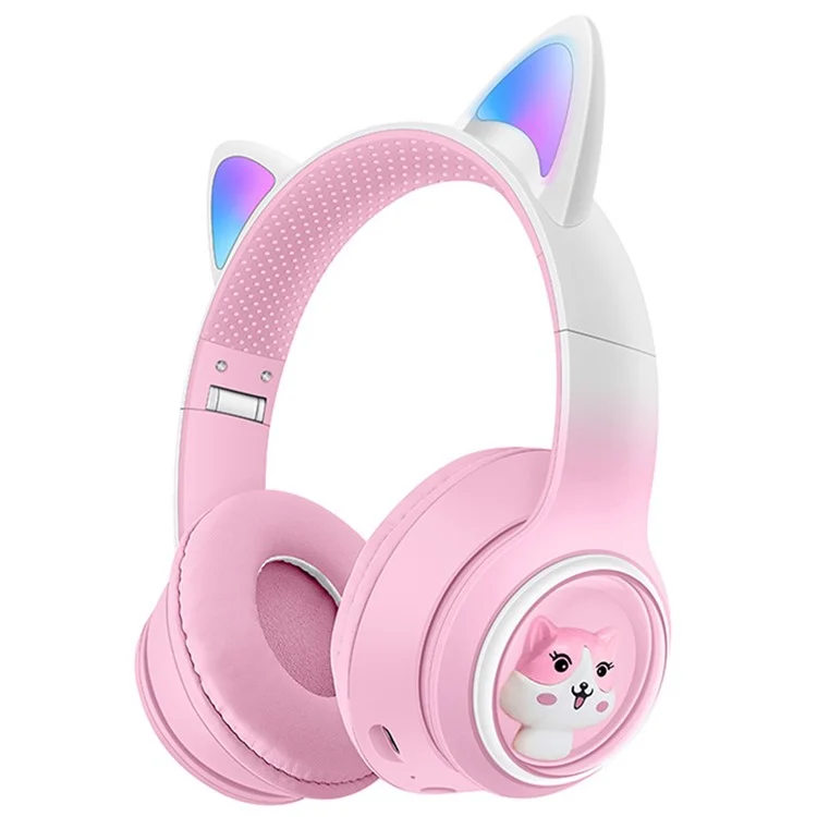 AKZ-02 Color Light Cat Ear Wireless Bluetooth-compatible Headphone Heavy Bass E-Sport Head-Mounted Headset - Gradient Pink