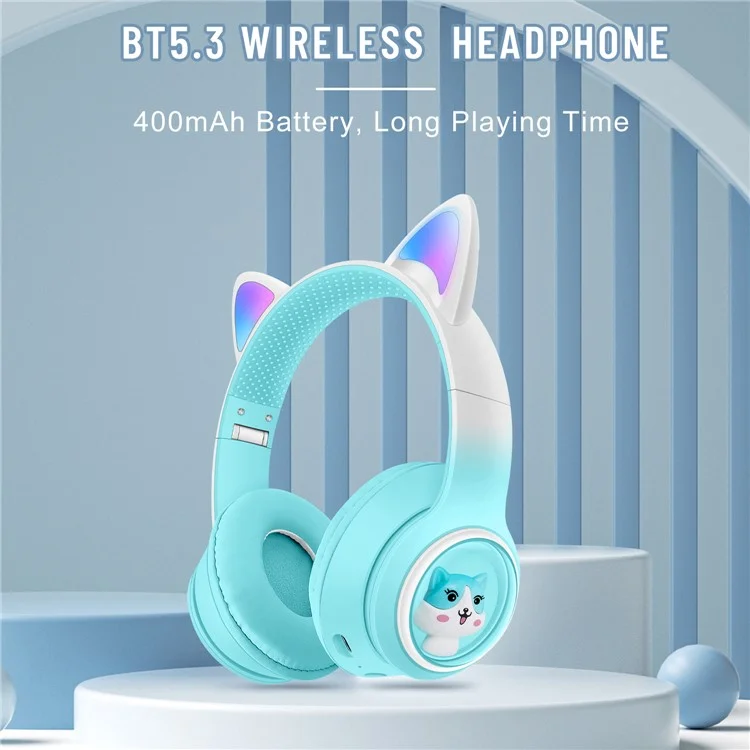 AKZ-02 Color Light Cat Ear Wireless Bluetooth-compatible Headphone Heavy Bass E-Sport Head-Mounted Headset - Gradient Pink