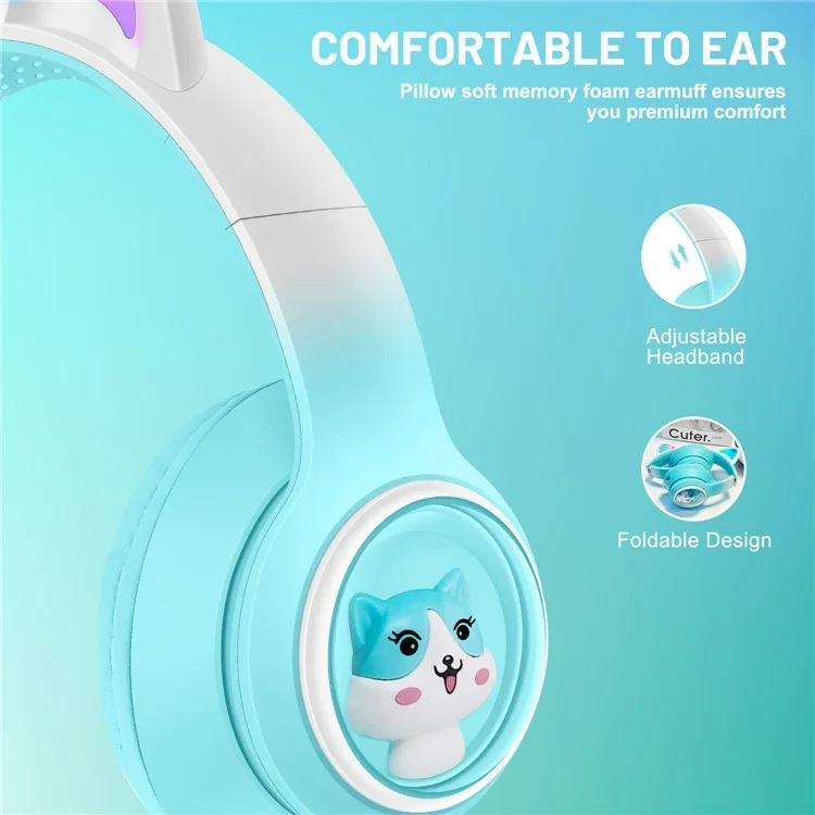 AKZ-02 Color Light Cat Ear Wireless Bluetooth-compatible Headphone Heavy Bass E-Sport Head-Mounted Headset - Gradient Pink