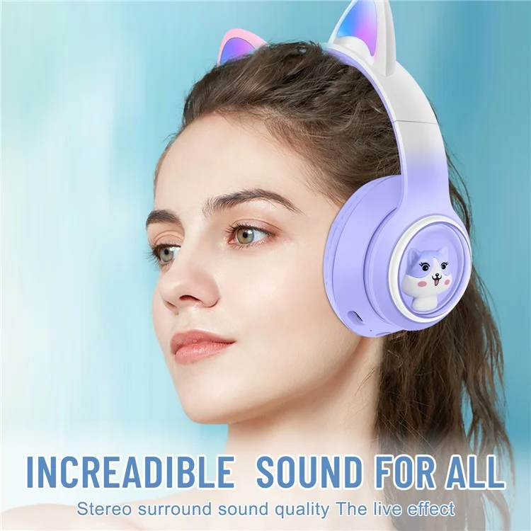 AKZ-02 Color Light Cat Ear Wireless Bluetooth-compatible Headphone Heavy Bass E-Sport Head-Mounted Headset - Gradient Pink