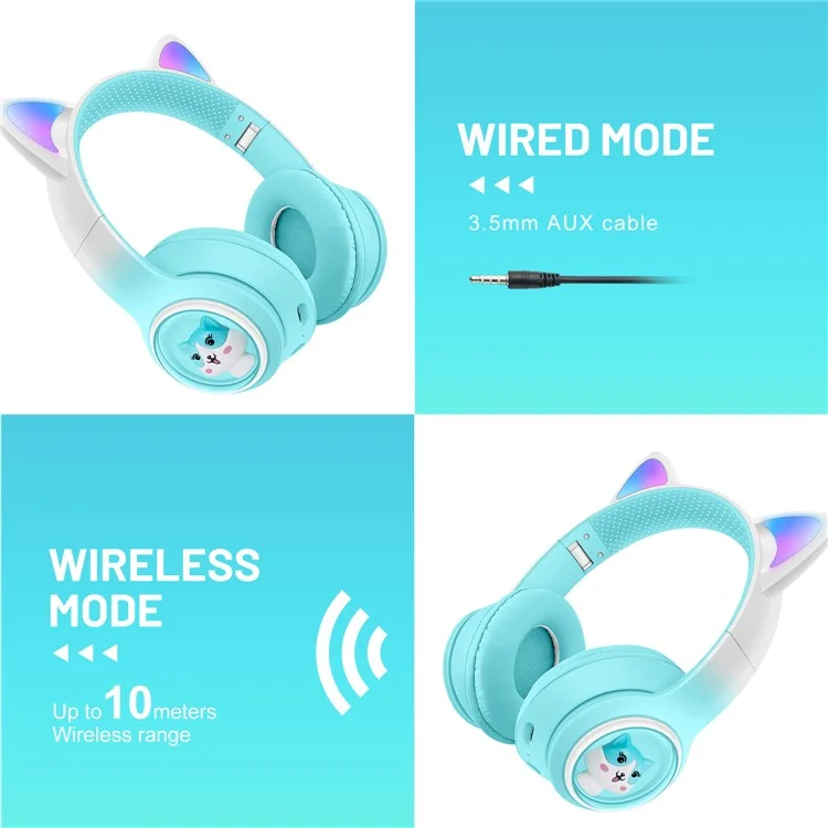 AKZ-02 Color Light Cat Ear Wireless Bluetooth-compatible Headphone Heavy Bass E-Sport Head-Mounted Headset - Gradient Pink