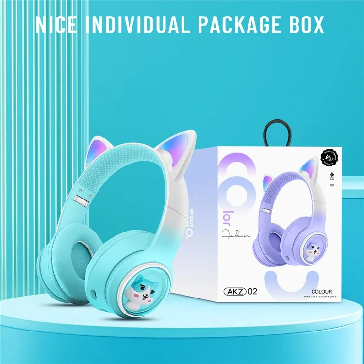 AKZ-02 Color Light Cat Ear Wireless Bluetooth-compatible Headphone Heavy Bass E-Sport Head-Mounted Headset - Gradient Pink