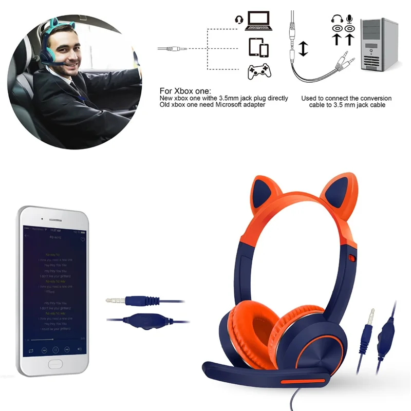 AKZ-024 Kids Headphones Cat Ear 3.5mm Wired Headset Gaming Headset with Microphone - Pink