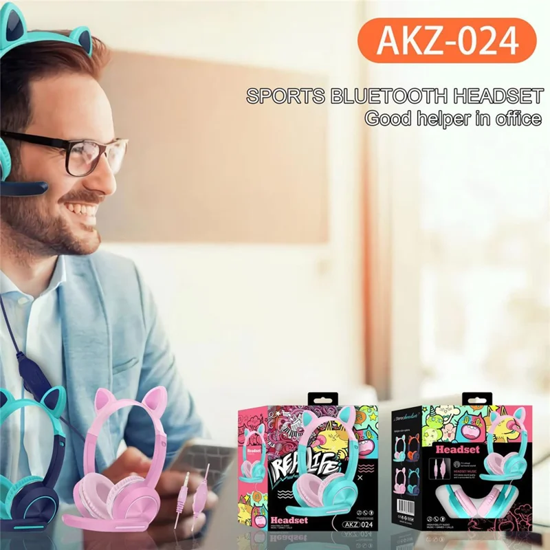 AKZ-024 Kids Headphones Cat Ear 3.5mm Wired Headset Gaming Headset with Microphone - Pink