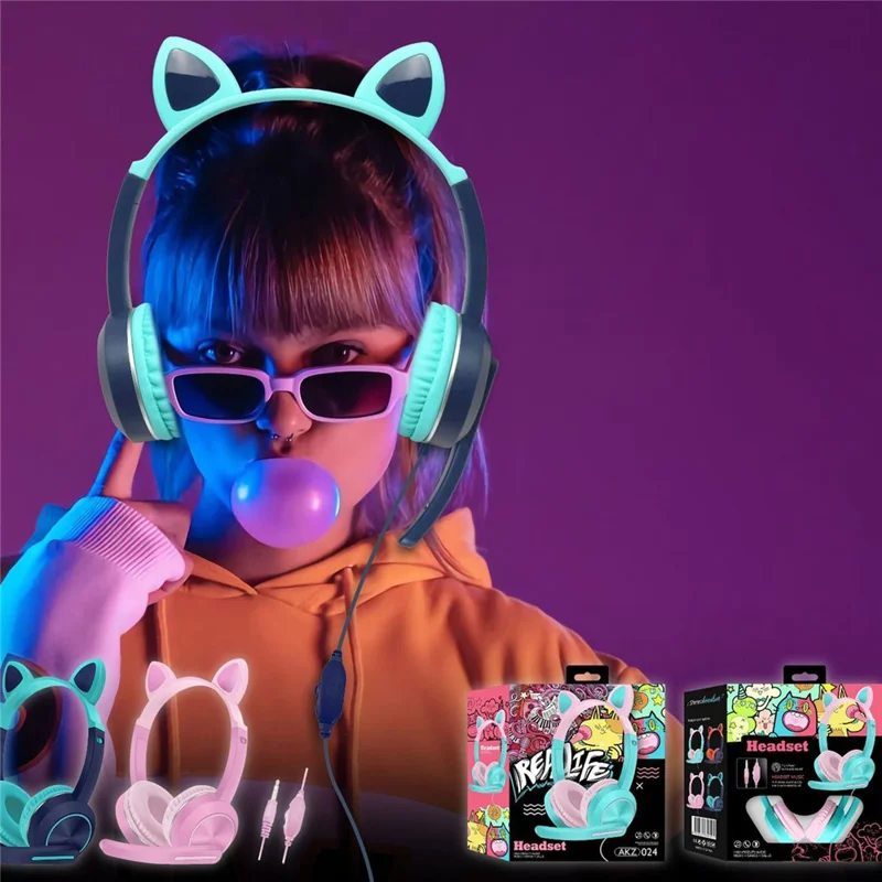 AKZ-024 Kids Headphones Cat Ear 3.5mm Wired Headset Gaming Headset with Microphone - Pink