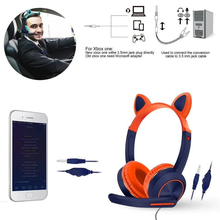 AKZ-024 Kids Headphones Cat Ear 3.5mm Wired Headset Gaming Headset with Microphone - Orange
