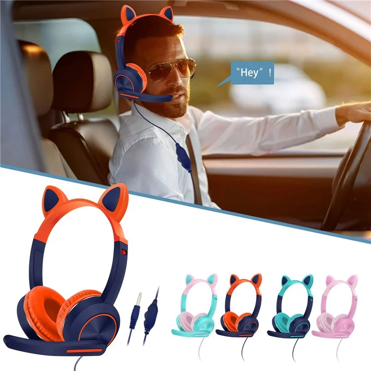 AKZ-024 Kids Headphones Cat Ear 3.5mm Wired Headset Gaming Headset with Microphone - Orange