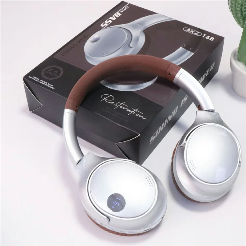 AKZ-16B Over-Ear Bluetooth-compatible Headphone Digital Display Foldable Stereo Music Headset - Brown