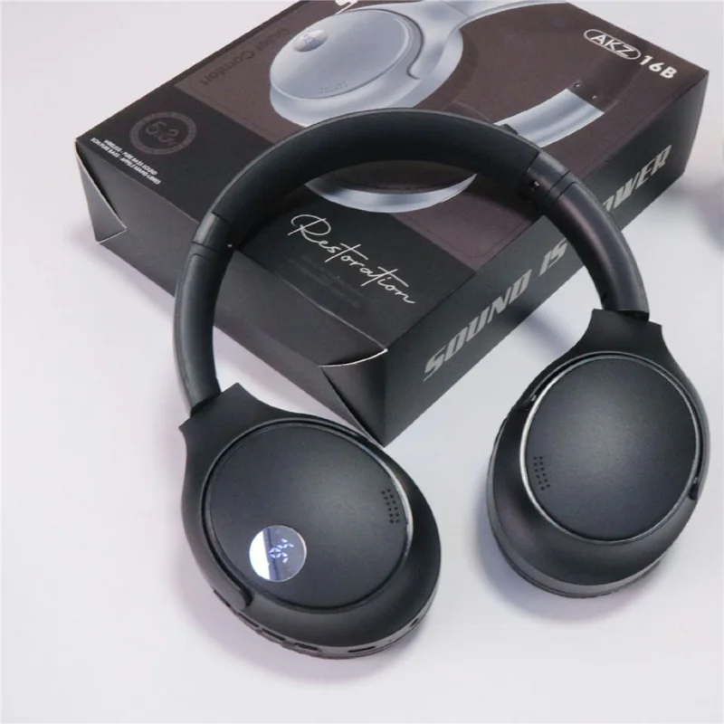 AKZ-16B Over-Ear Bluetooth-compatible Headphone Digital Display Foldable Stereo Music Headset - Black