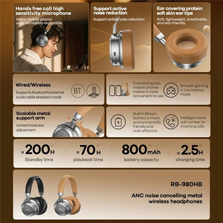 REMAX RB-980HB ANC Noise Reduction Metal Wireless Headphones Bluetooth-compatible Over-Ear Music Headset - Khaki