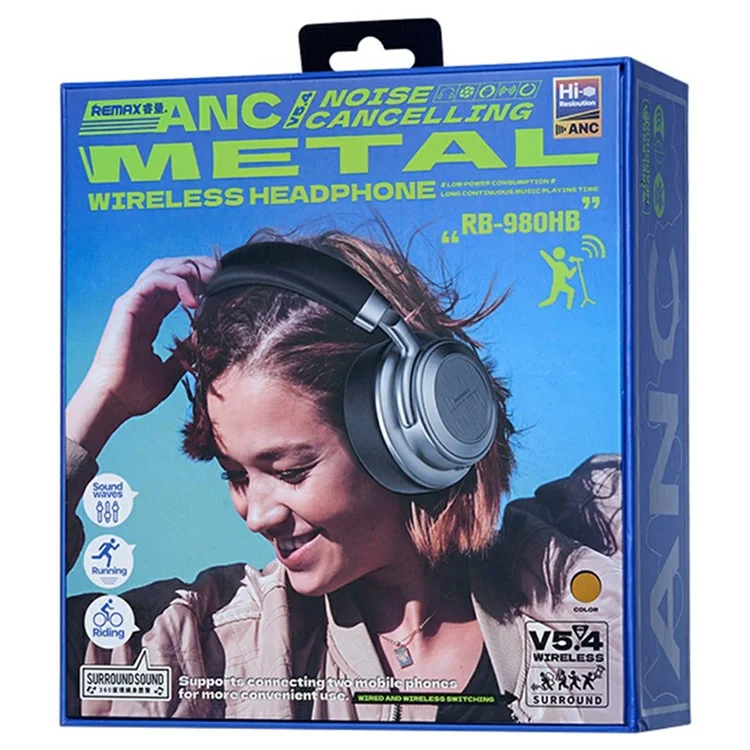REMAX RB-980HB ANC Noise Reduction Metal Wireless Headphones Bluetooth-compatible Over-Ear Music Headset - Khaki