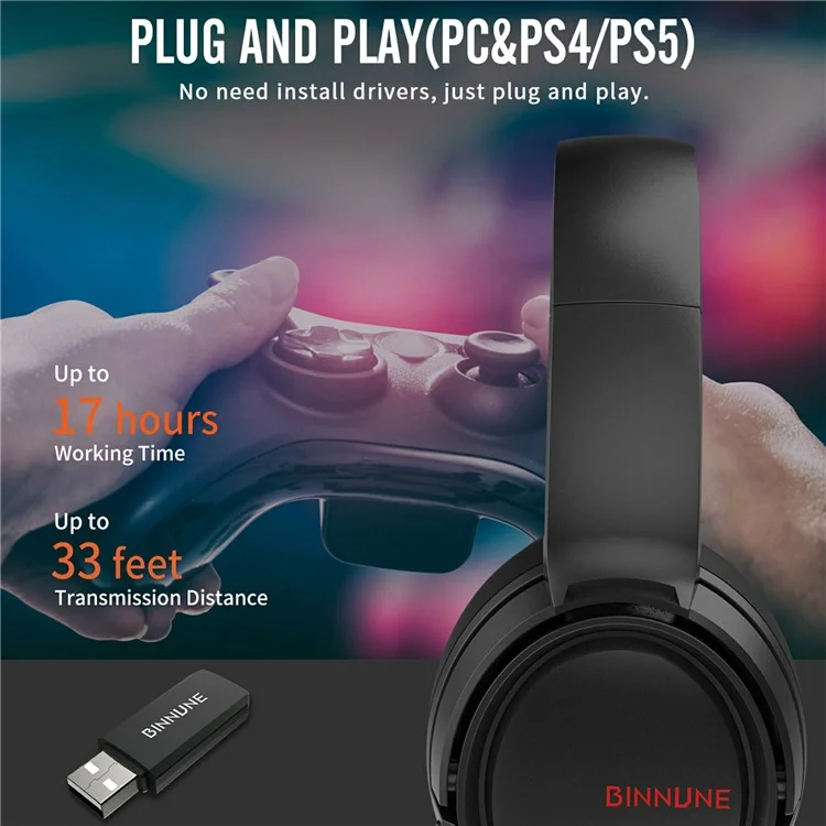 BINNUNE 2.4G + Bluetooth Gaming-Kopfhörer Over-Ear Stereo-Kopfhörer mit 3,5-mm-Klinke