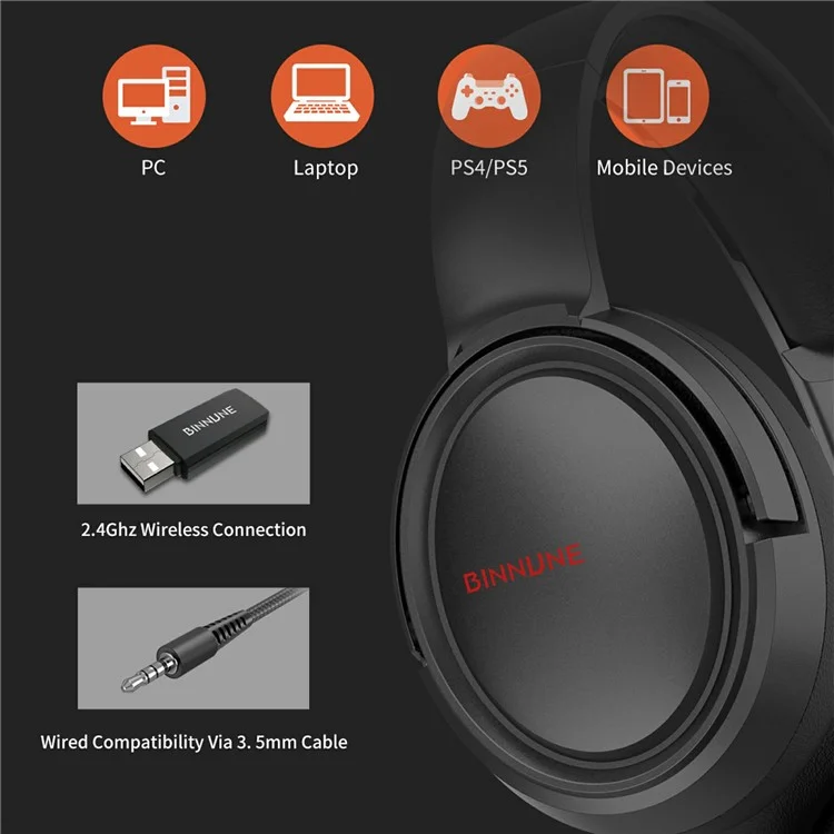 BINNUNE 2.4G + Bluetooth Gaming-Kopfhörer Over-Ear Stereo-Kopfhörer mit 3,5-mm-Klinke