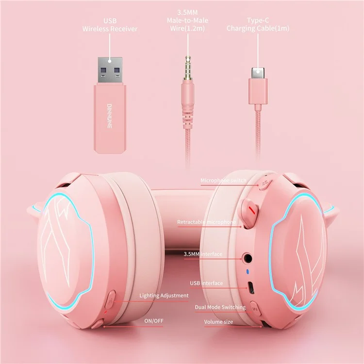 BINNUNE BW05 Cuffie da gaming con orecchie di gatto 2.4G + Bluetooth, cuffie con luce RGB e jack da 3,5 mm