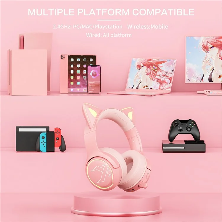 BINNUNE BW05 Cuffie da gaming con orecchie di gatto 2.4G + Bluetooth, cuffie con luce RGB e jack da 3,5 mm