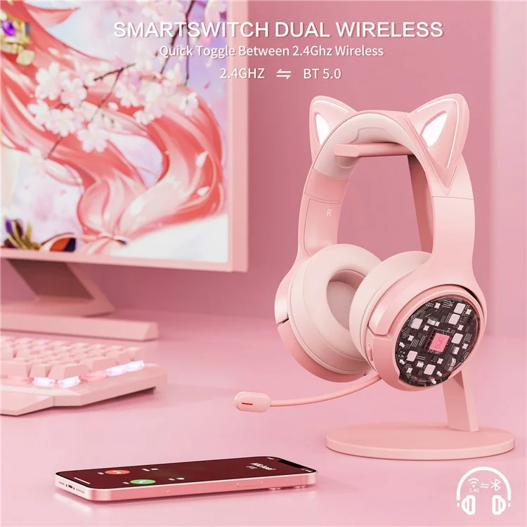 BINNUNE BW05 Cuffie da gaming con orecchie di gatto 2.4G + Bluetooth, cuffie con luce RGB e jack da 3,5 mm