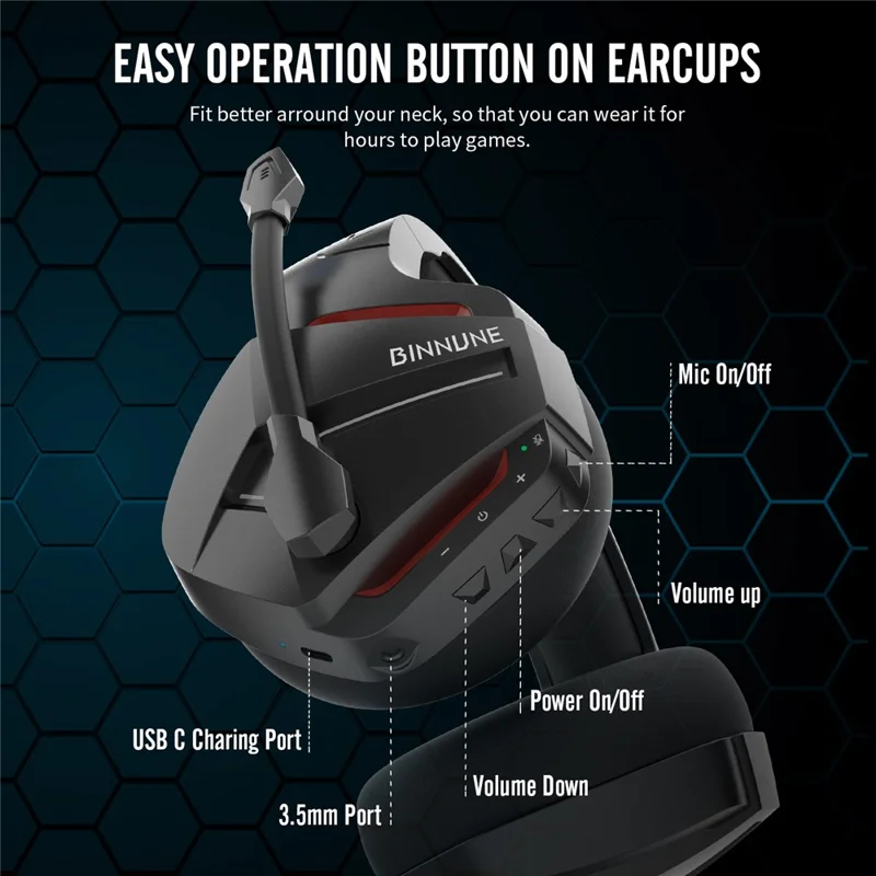 БИННУН BW01 2.4G / Bluetooth / Проводные стереонаушники с накладками для игр и музыки - Черный+Красный