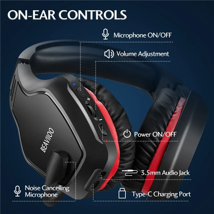 Auriculares estéreo para juegos BEAVIOO HW01 de sobre la oreja, 5.8G / Bluetooth / con cable - Rojo