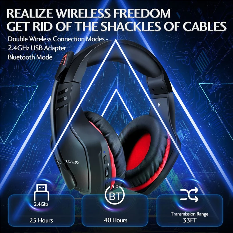 Auriculares estéreo para juegos BEAVIOO HW01 de sobre la oreja, 5.8G / Bluetooth / con cable - Rojo