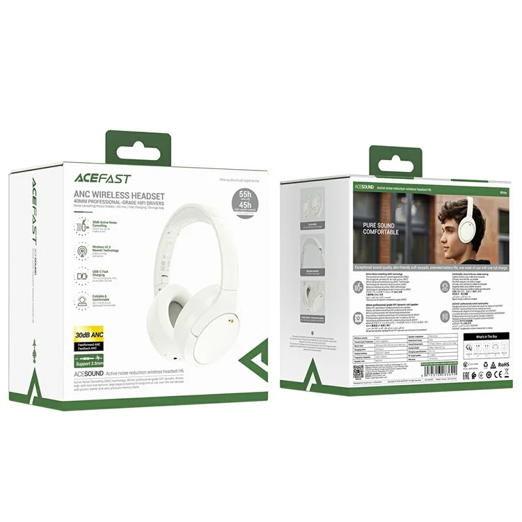 ACEFAST H6 Bluetooth-compatible Headset Active Noise Cancelling ANC Wireless Headphone - White
