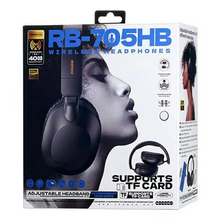Cuffie wireless REMAX RB-705HB Bluetooth over-ear, autonomia di riproduzione di 18 ore, lunga durata della batteria - Nero