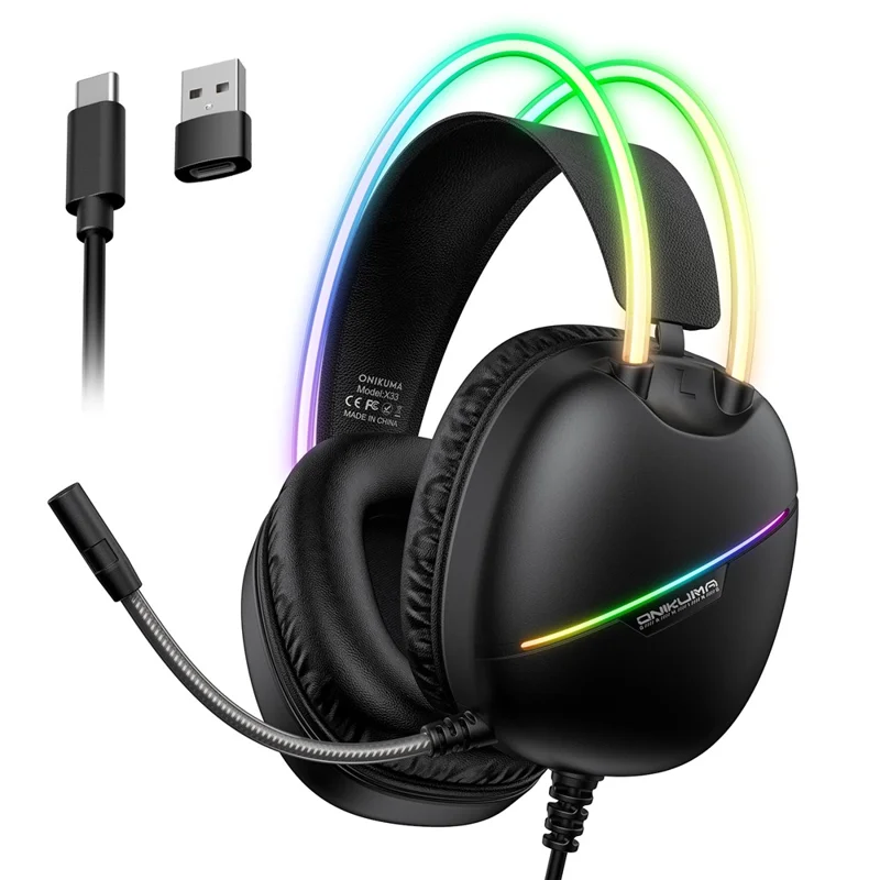 سماعة رأس للألعاب من ONIKUMA X33، سلكية بمنفذ USB وType-C، مع ميكروفون - أسود