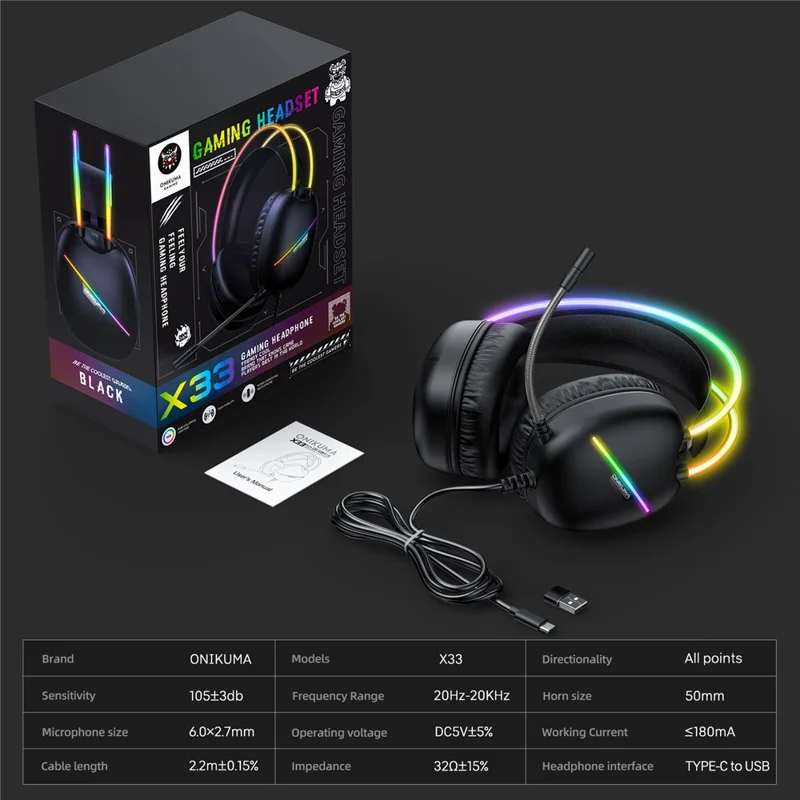 سماعة رأس للألعاب من ONIKUMA X33، سلكية بمنفذ USB وType-C، مع ميكروفون - أسود