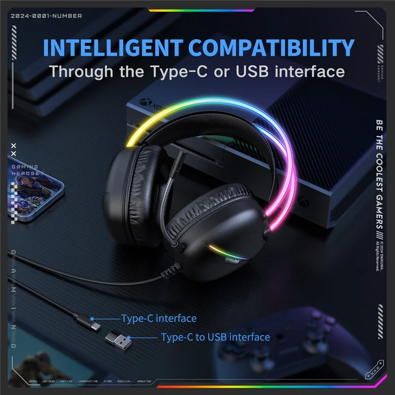 سماعة رأس للألعاب من ONIKUMA X33، سلكية بمنفذ USB وType-C، مع ميكروفون - أسود