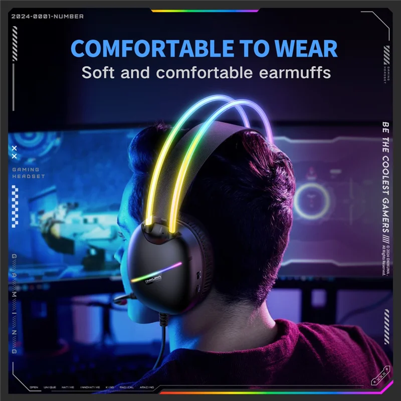 سماعة رأس للألعاب من ONIKUMA X33، سلكية بمنفذ USB وType-C، مع ميكروفون - أسود