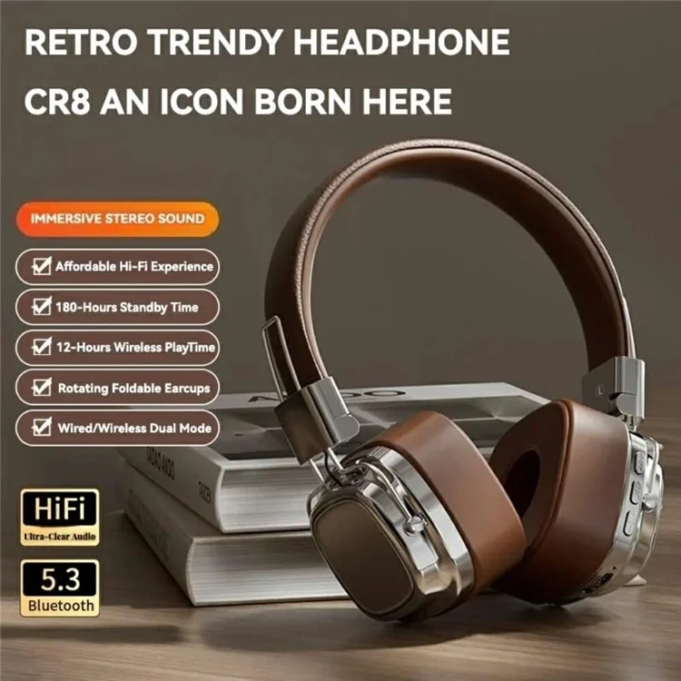 Retro Bluetooth 5.3 HiFi Sound Over Ear Kopfhörer mit Geräuschreduktion, kabellose Kopfhörer - Silber+Braun
