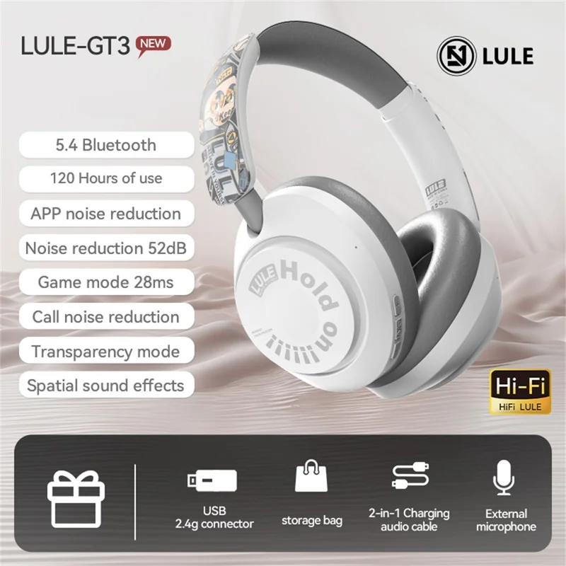 EL-GT3 Bluetooth-compatible Headphones ANC Noise Cancelling Over Ear Wireless Headset with 2.4G Receiver - Beige