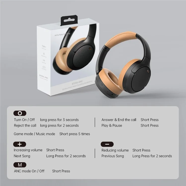 BT056 Noise Cancelling Bluetooth-compatible Headphone ANC Wireless Deep Bass Stereo Over-ear Headset - Grey+Brown